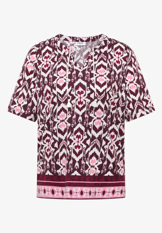 Kurzarm Shirt mit Split Neck und Print sweet grape red