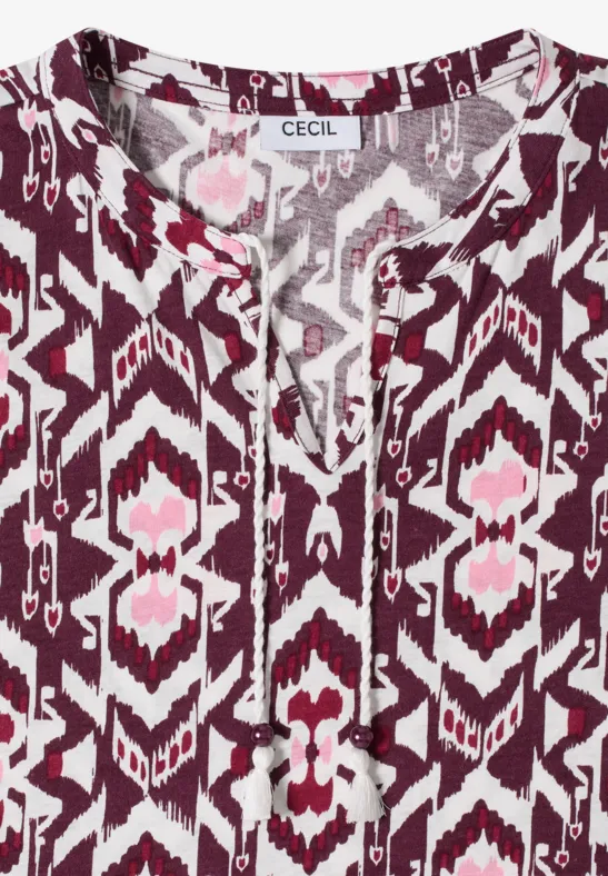 Kurzarm Shirt mit Split Neck und Print sweet grape red