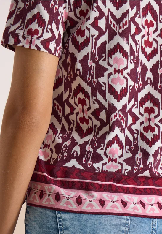 Kurzarm Shirt mit Split Neck und Print sweet grape red