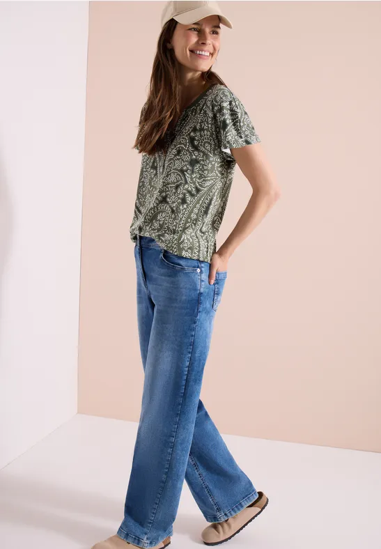 T-shirt à col fendu et motif paisley khaki