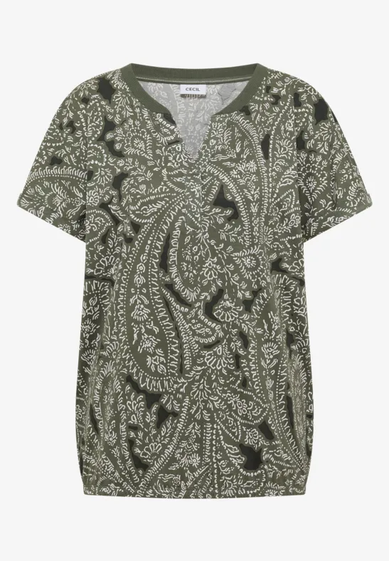 T-shirt à col fendu et motif paisley khaki