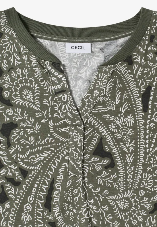 T-shirt à col fendu et motif paisley khaki