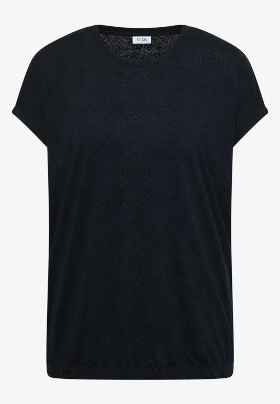 Zwart dames-T-shirt met ronde hals en licht glanzende stof.