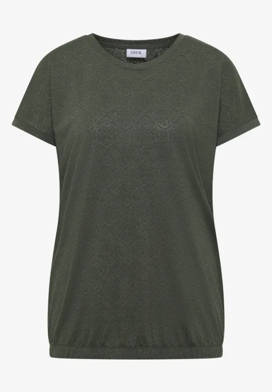 Donkergroen T-shirt met korte mouwen en licht aangezette zoom.