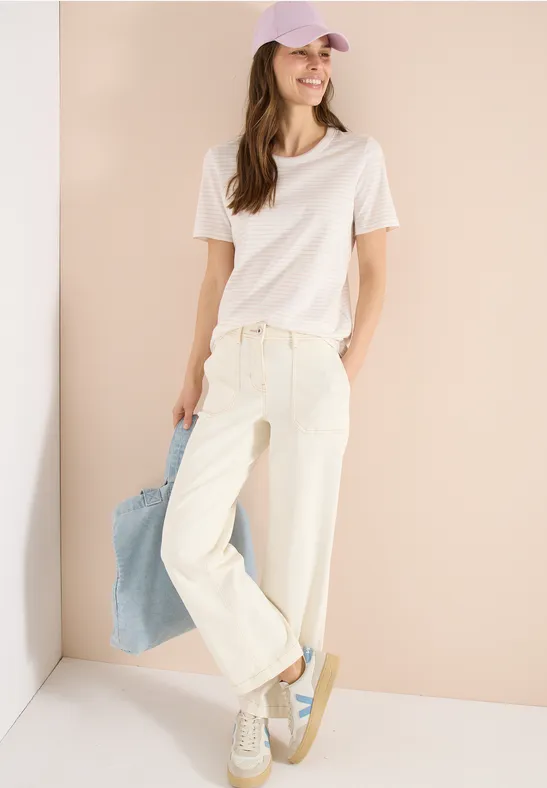 Shirt met korte mouwen, ronde hals en strepen pearl beige