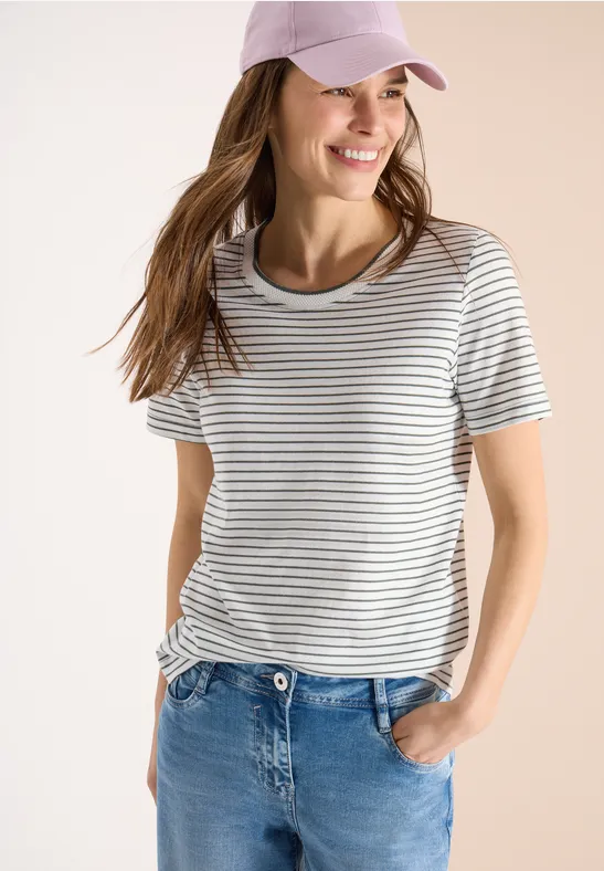 Kurzarm Shirt mit Rundhals und Streifen khaki