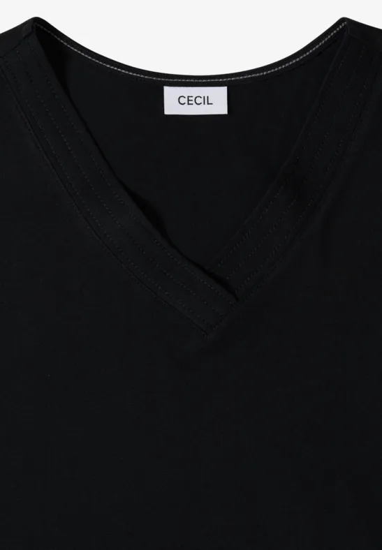 T-shirt à manches courtes et col en V en couleur unie Black