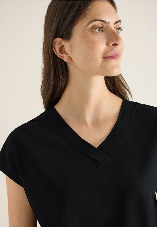 T-shirt à manches courtes et col en V en couleur unie Black