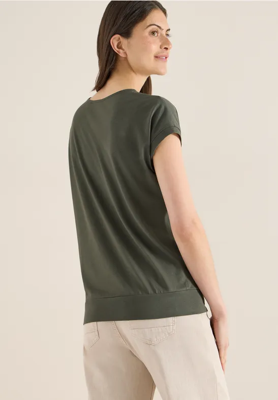 T-shirt à manches courtes et col en V en couleur unie khaki