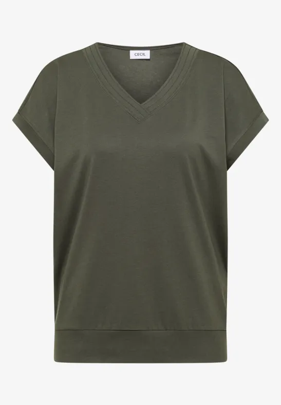 T-shirt à manches courtes et col en V en couleur unie khaki