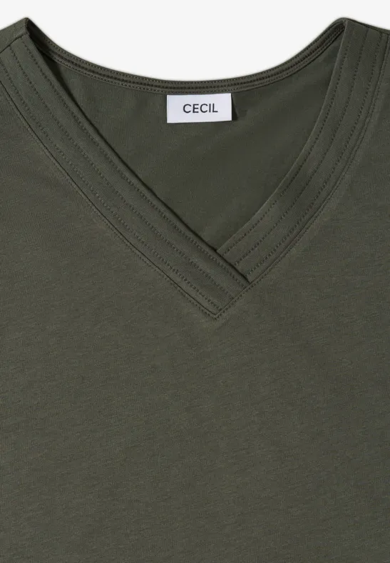 T-shirt à manches courtes et col en V en couleur unie khaki