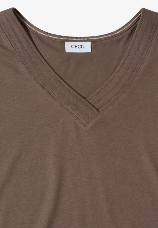 Braunes T-Shirt mit V-Ausschnitt und Label CECIL