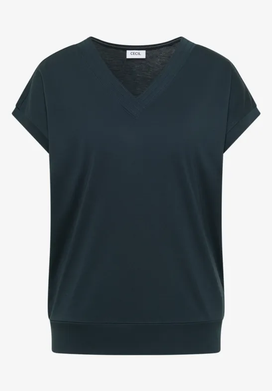 Schwarzes V-Ausschnitt-Shirt mit überschnittenen, kurzen Ärmeln und weitem Abschlussbund