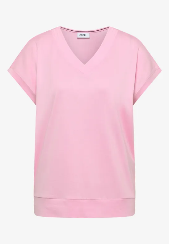 T-shirt à manches courtes et col en V en couleur unie light blush rose
