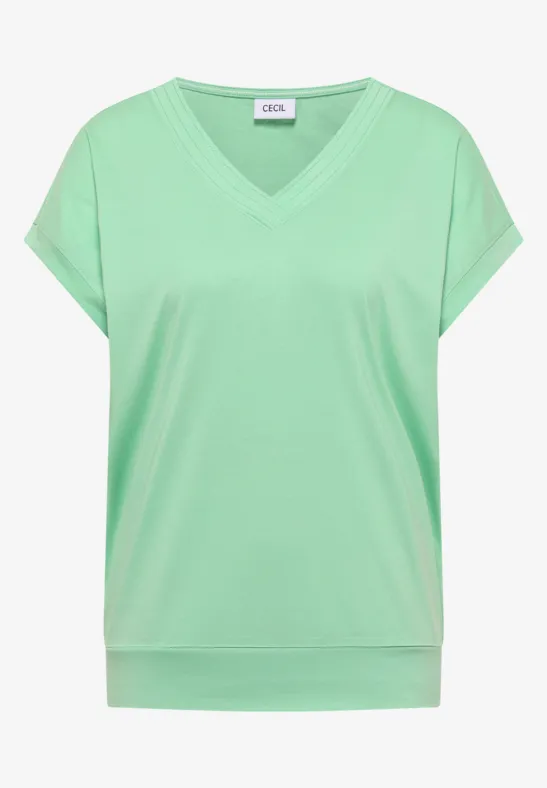Mintgrünes, kurzärmeliges T-Shirt mit V-Ausschnitt und lockerem Schnitt.