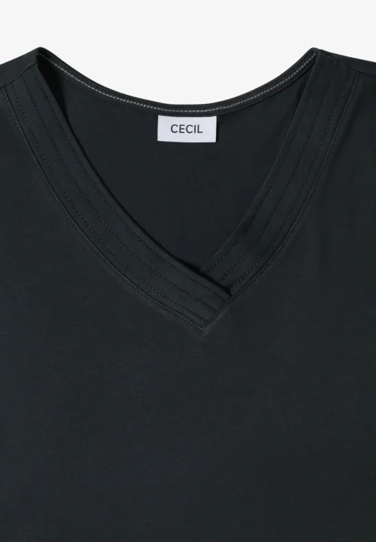 Zwart T-shirt met V-hals en CECIL-label.