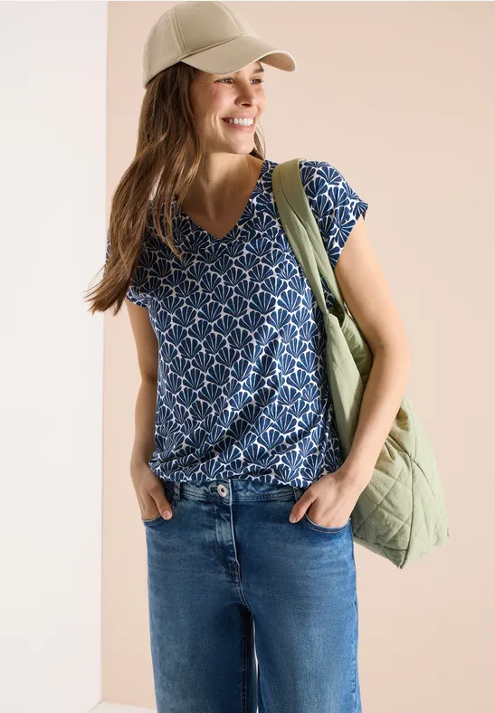 T-Shirt mit V-Neck und Muschelprint universal blue