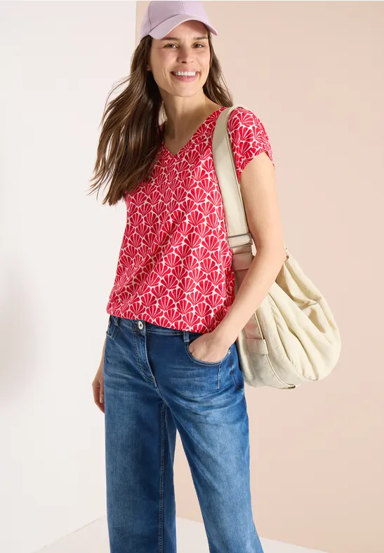 Shirt met V-hals en schelpenprint glazed apple red