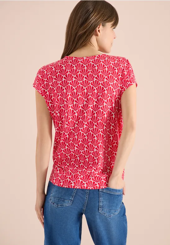 Shirt met V-hals en schelpenprint glazed apple red