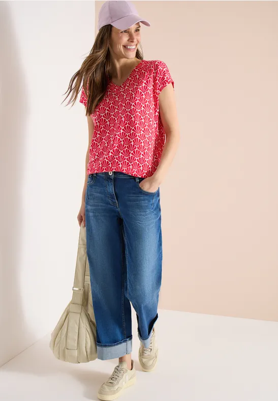 Shirt met V-hals en schelpenprint glazed apple red