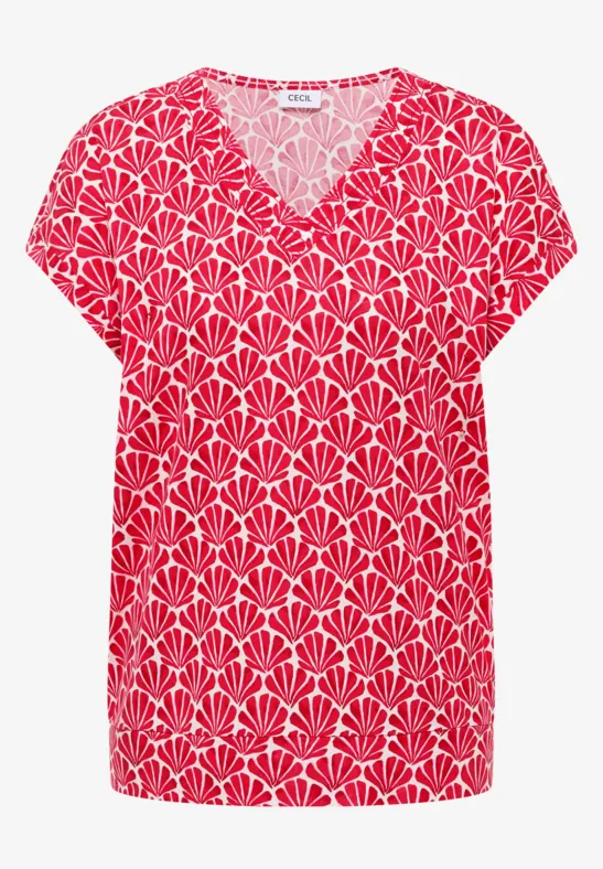 Shirt met V-hals en schelpenprint glazed apple red