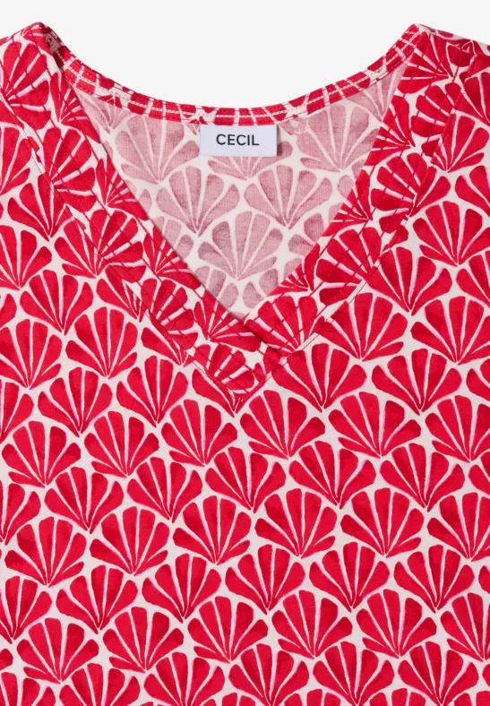 Shirt met V-hals en schelpenprint glazed apple red
