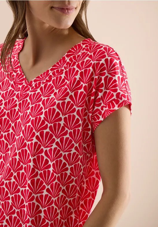 Shirt met V-hals en schelpenprint glazed apple red