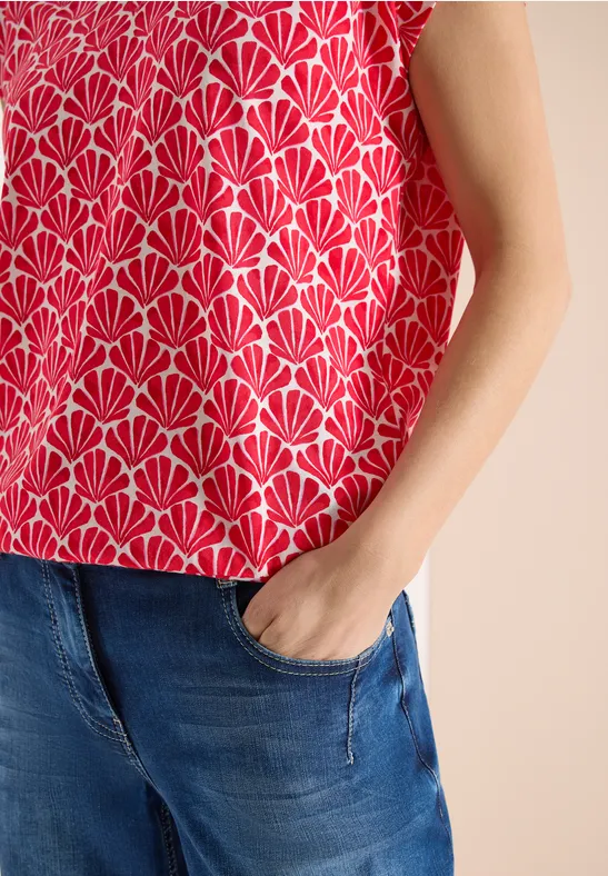 Shirt met V-hals en schelpenprint glazed apple red