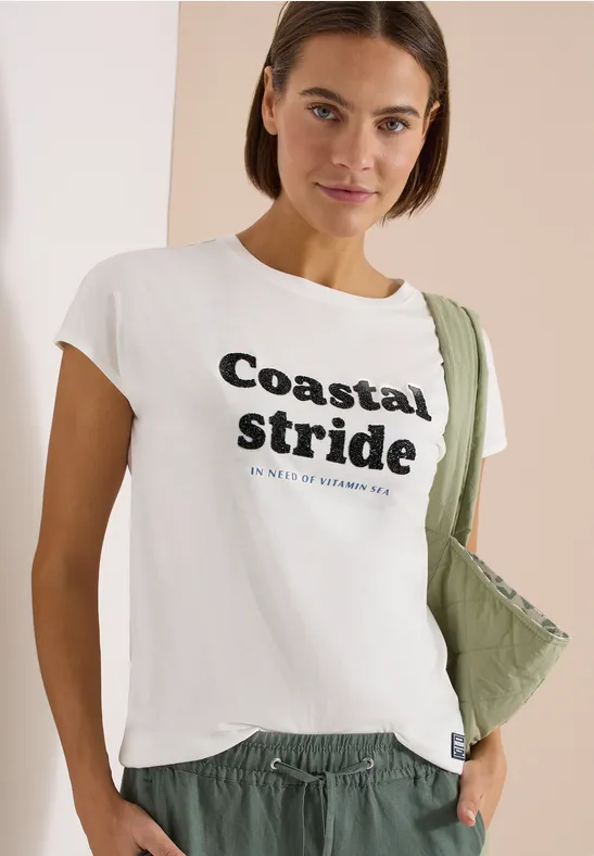 T-Shirt mit Boatneck und Wording Print vanilla white