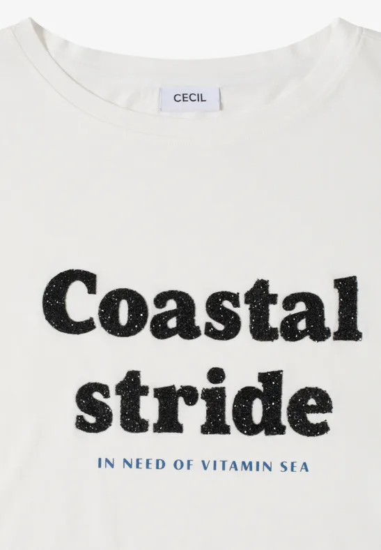 T-Shirt mit Boatneck und Wording Print vanilla white