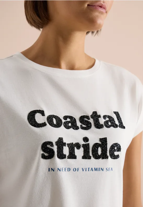 T-Shirt mit Boatneck und Wording Print vanilla white