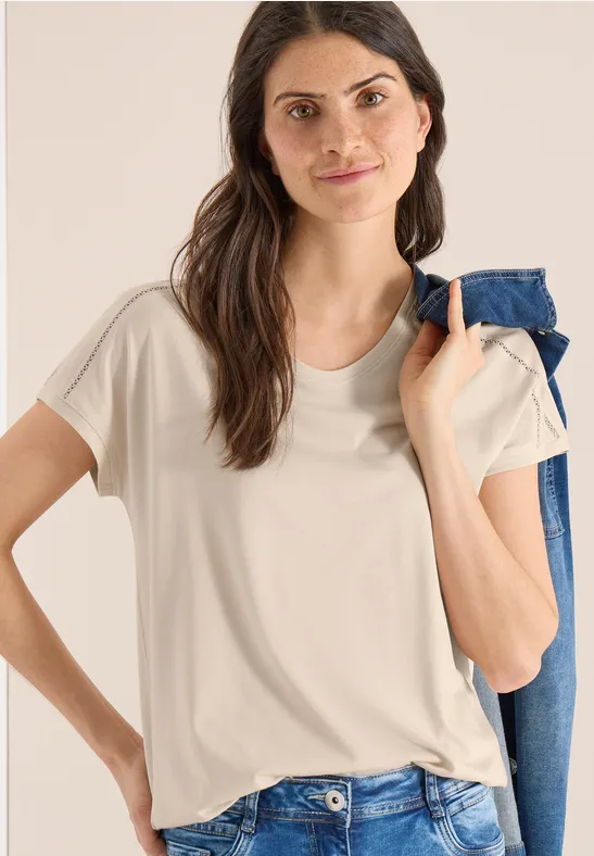 T-shirt avec col en V et détail en dentelle pearl beige