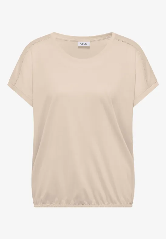 T-shirt avec col en V et détail en dentelle pearl beige