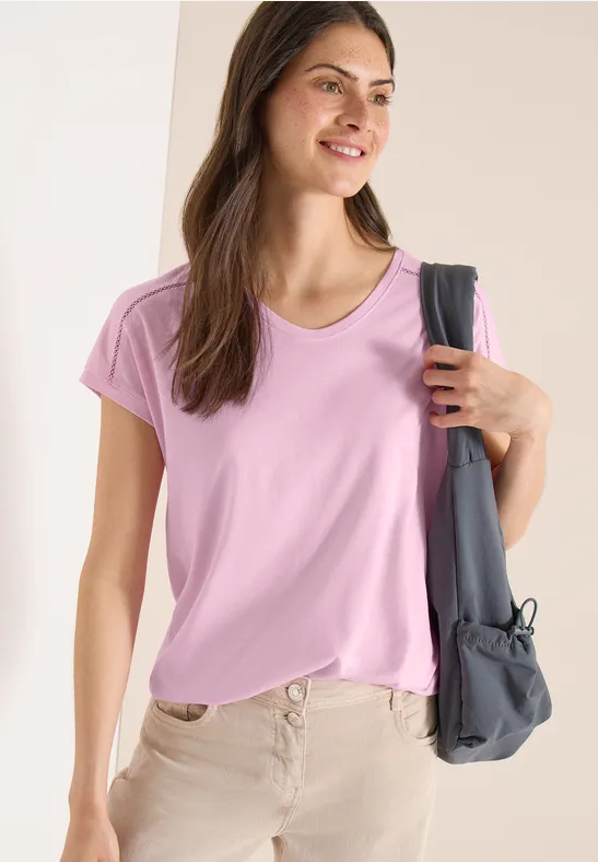 T-shirt avec col en V et détail en dentelle light blush rose