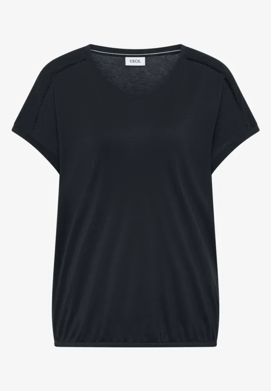 Schwarzes, leger geschnittenes Damen-Shirt mit kurzen Ärmeln und rundem Halsausschnitt.
