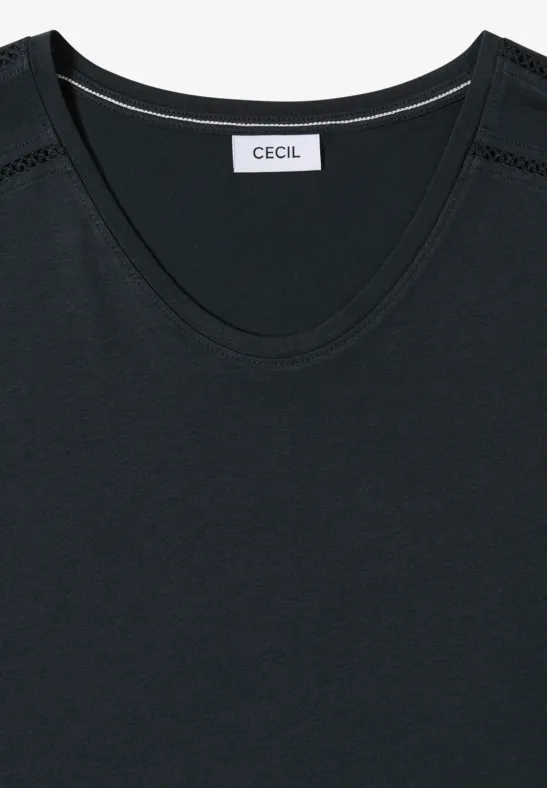 Schwarzes T-Shirt mit Rundhalsausschnitt und 'CECIL'-Label.