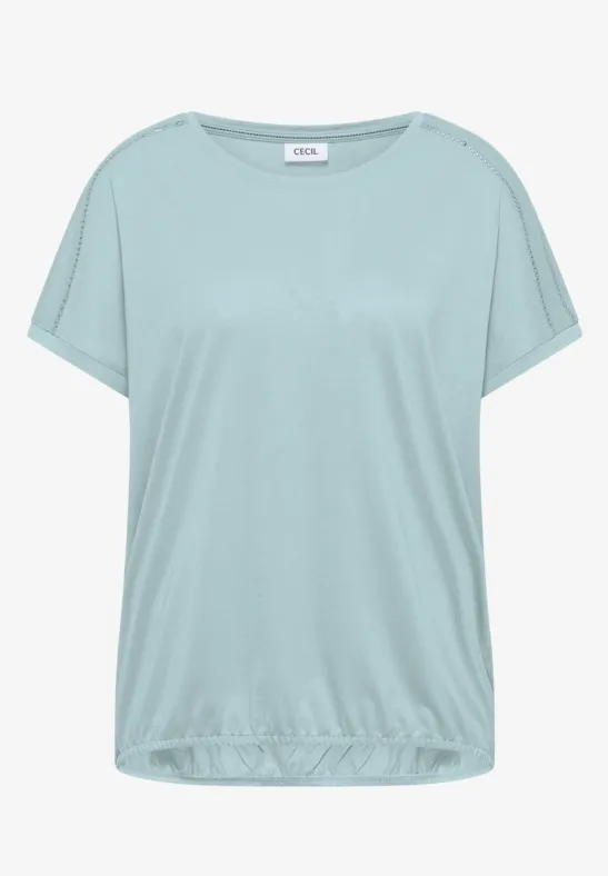 Hellblaues, lockeres Damen-T-Shirt mit kurzen Ärmeln und elastischem Saum.