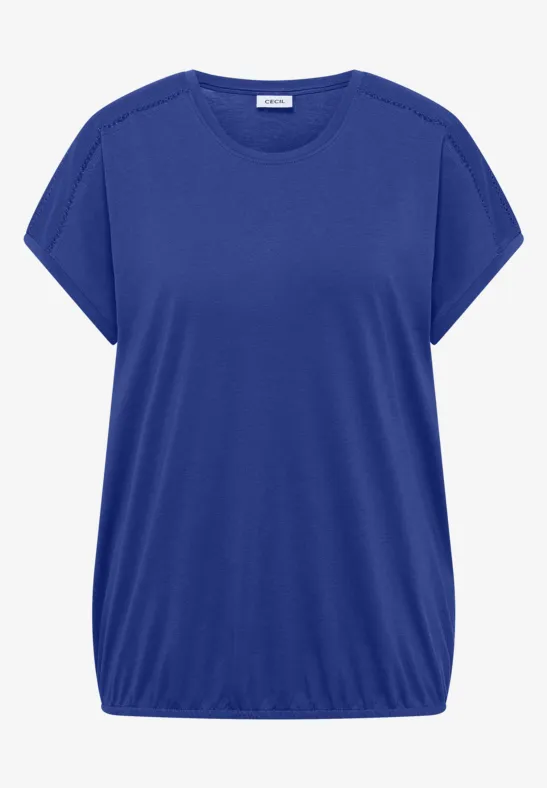 Effen blauw T-shirt met korte mouwen en een ruime ronde hals.