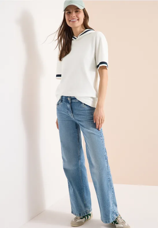 Kurzarm Shirt mit Kapuze und Rippdetails vanilla white