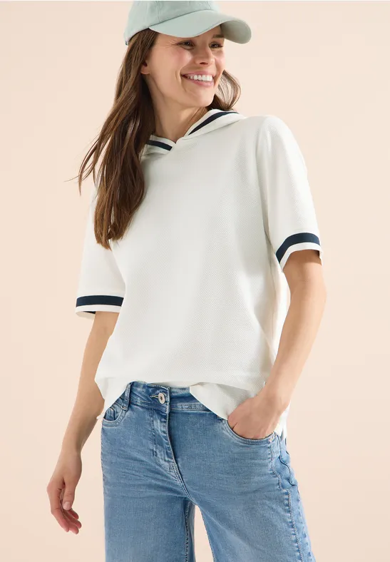 Kurzarm Shirt mit Kapuze und Rippdetails vanilla white