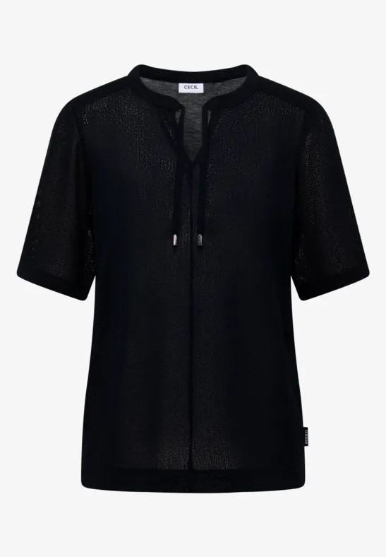 Kurzarm Bluse mit Split Neck und Bändern universal blue