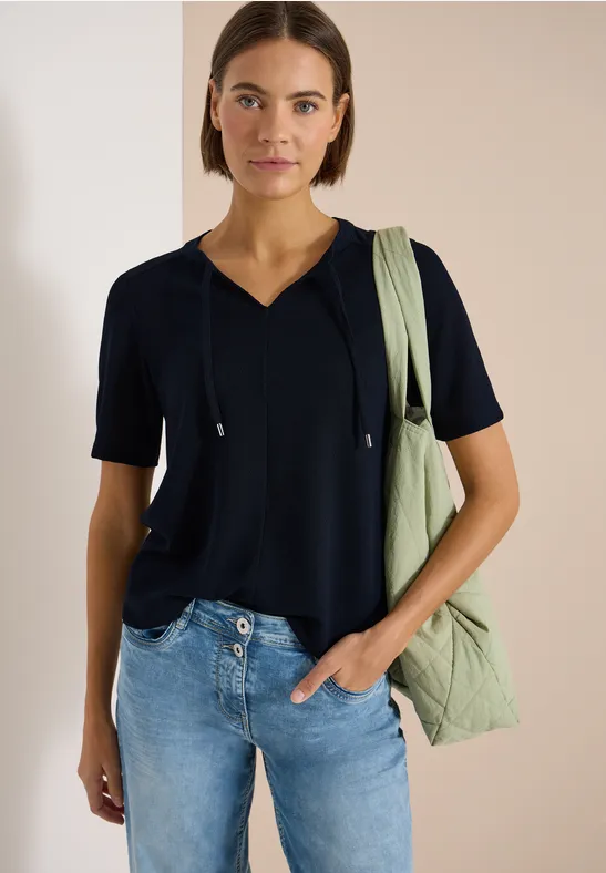 Kurzarm Bluse mit Split Neck und Bändern universal blue