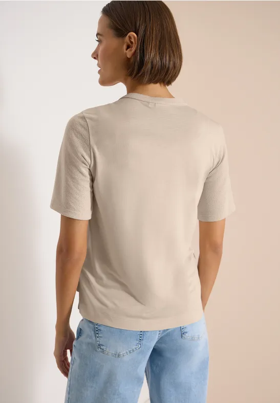 Kurzarm Bluse mit Split Neck und Bändern pearl beige