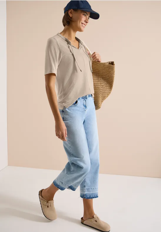 Kurzarm Bluse mit Split Neck und Bändern pearl beige