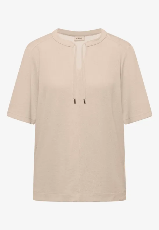 Kurzarm Bluse mit Split Neck und Bändern pearl beige