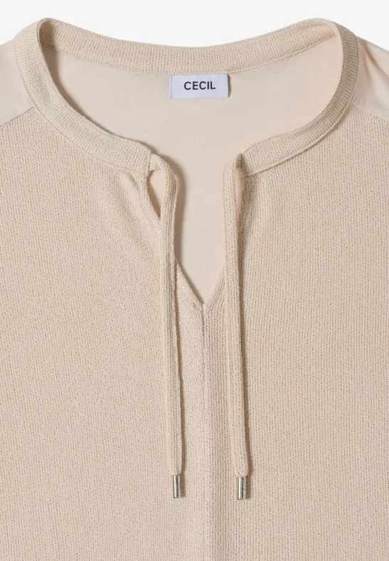 Kurzarm Bluse mit Split Neck und Bändern pearl beige