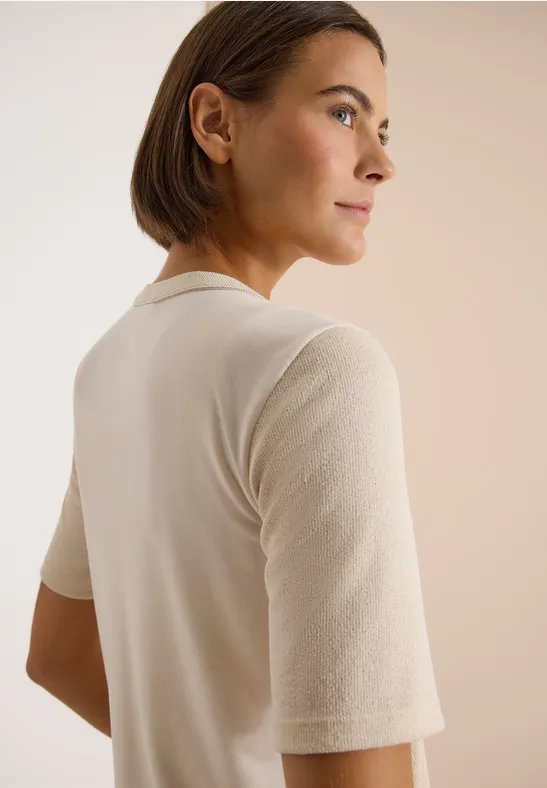 Kurzarm Bluse mit Split Neck und Bändern pearl beige
