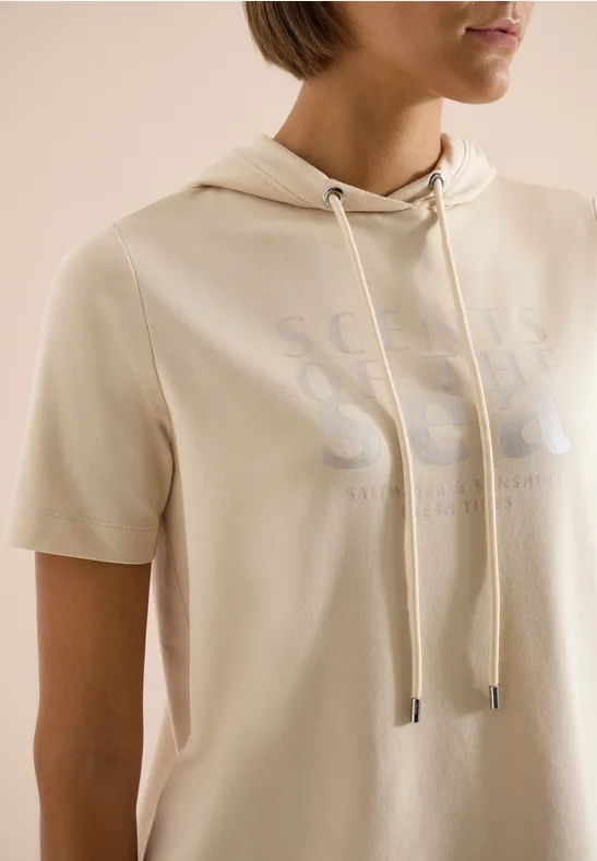 Shirt met korte mouwen, capuchon en tekst pearl beige