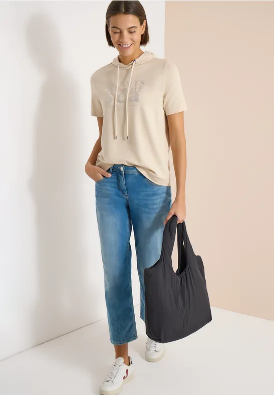 Shirt met korte mouwen, capuchon en tekst pearl beige