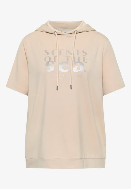 Shirt met korte mouwen, capuchon en tekst pearl beige